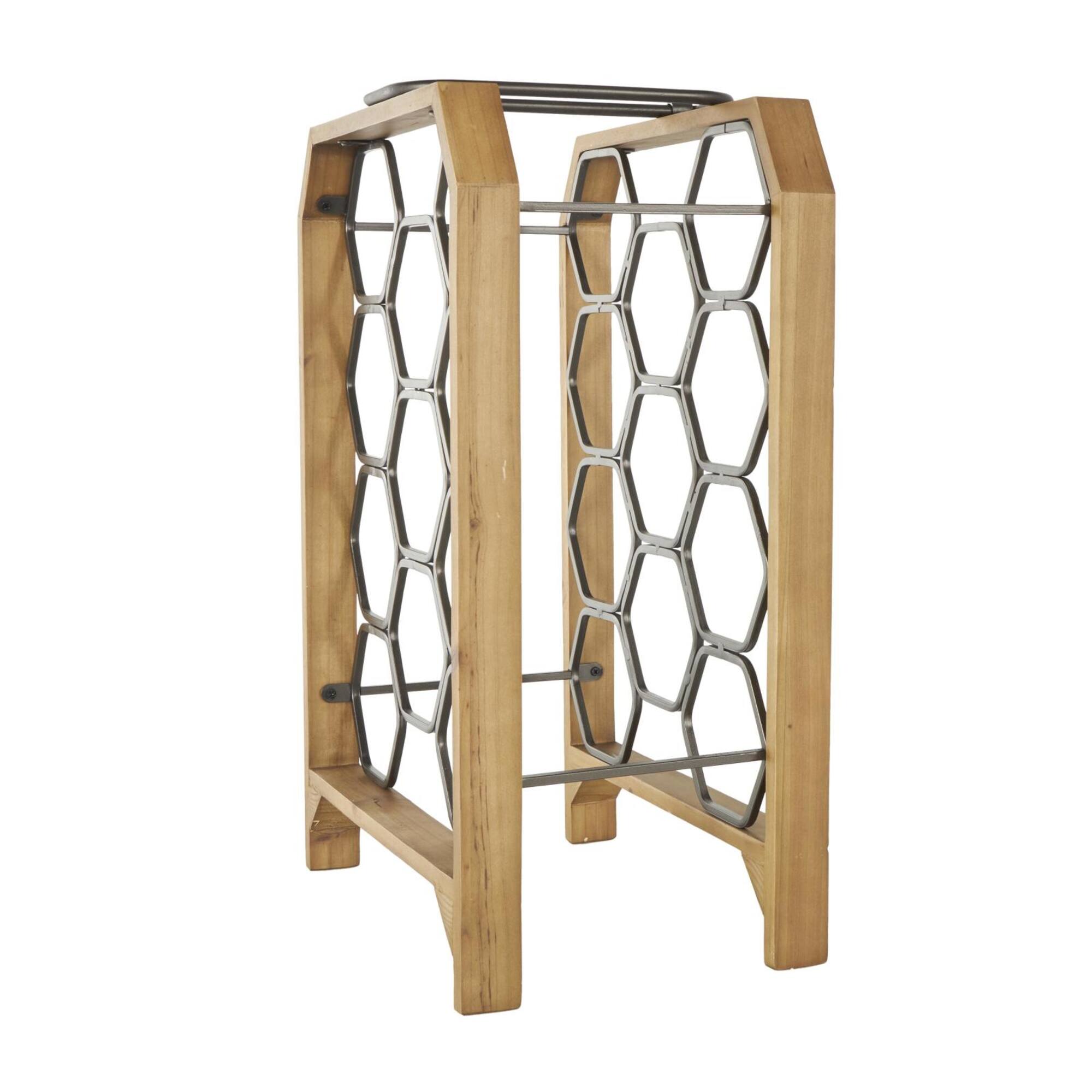 12" x 9" x 20" Brown Geometric 11 Slot Wooden Wine Rack with Gray Metal Curved Teardrop Holders